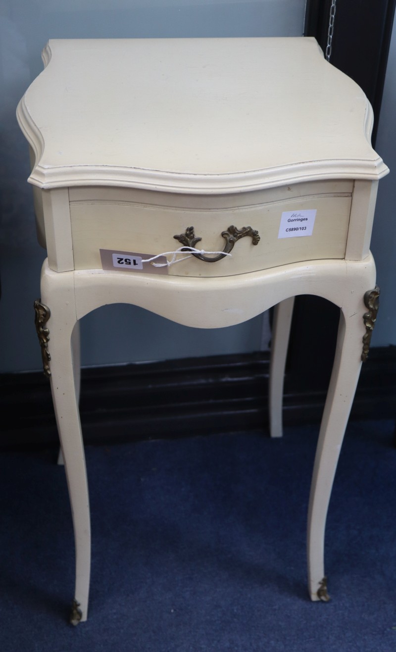 A pair of gilt metal mounted white painted bedside tables, W.37cm, D.38cm, H.71cm